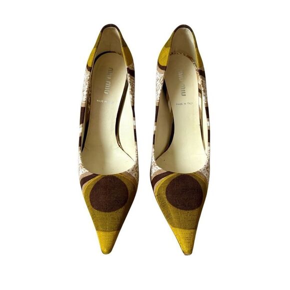 Miu Miu Women's Printed Fabric Pointed Heels EU 36.5 US 6.5 Yellow Brown - Picture 1 of 10